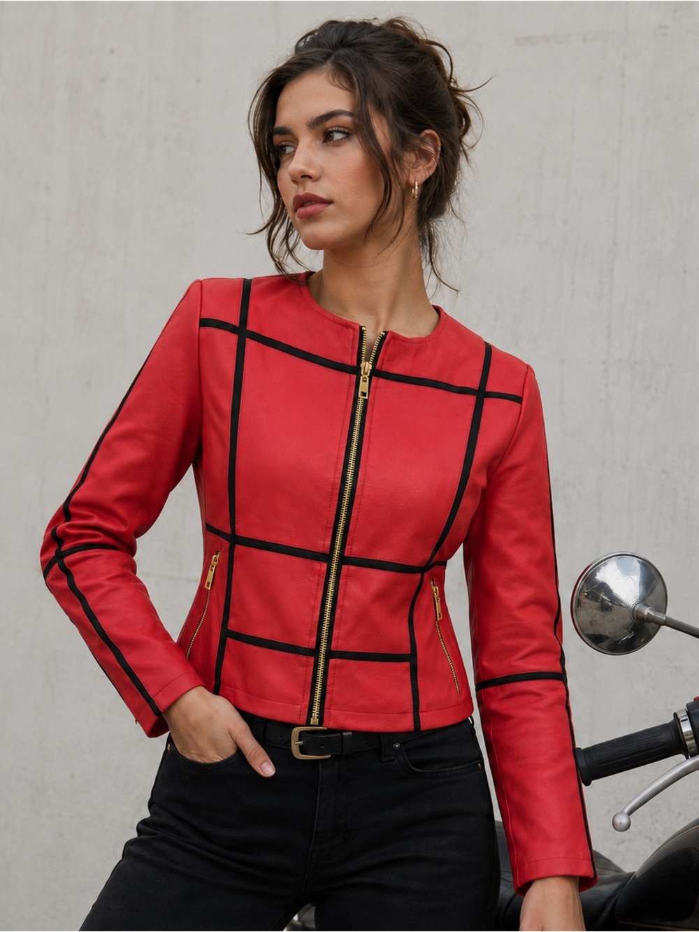 Bagatelle Faux Leather Moto Jacket Womens L Red Black Trim Zip Front Bikercore